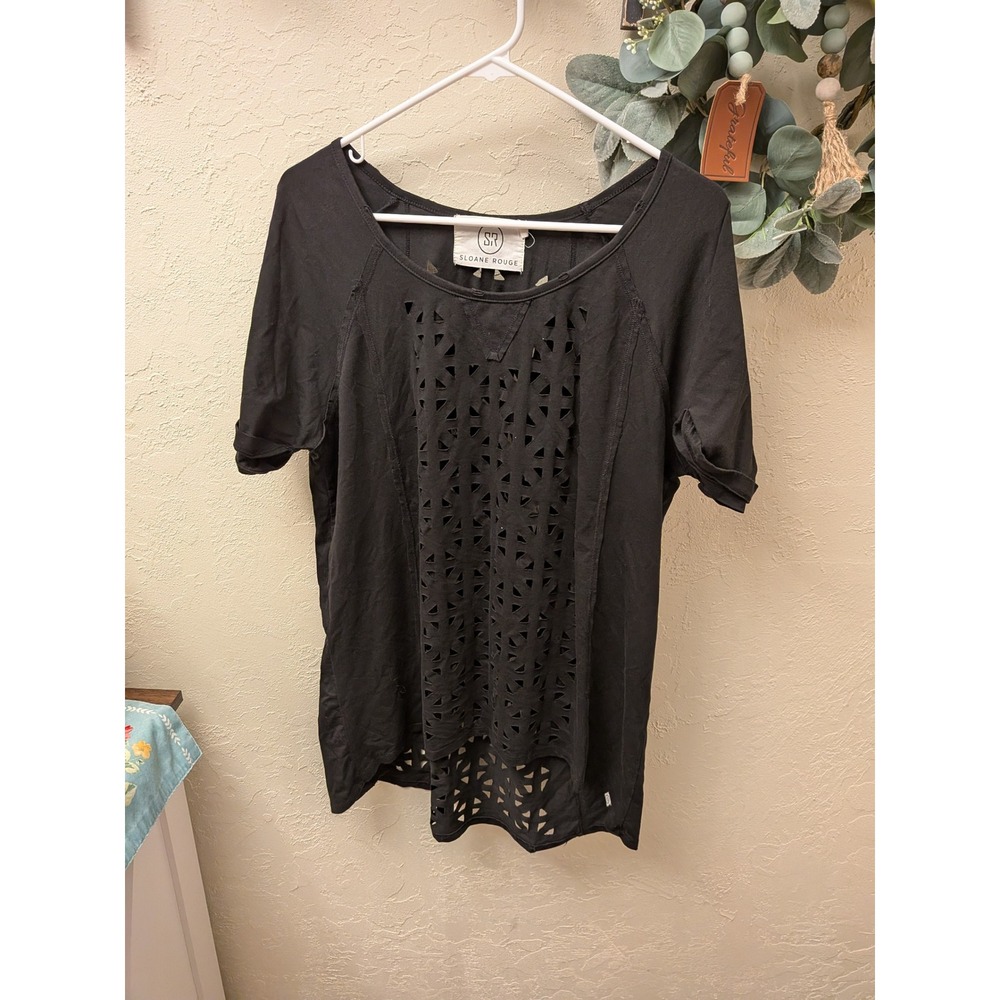 Sloane Rouge Womens Black Laser Cut Geometric Short Sleeve Scoop Neck Top Large